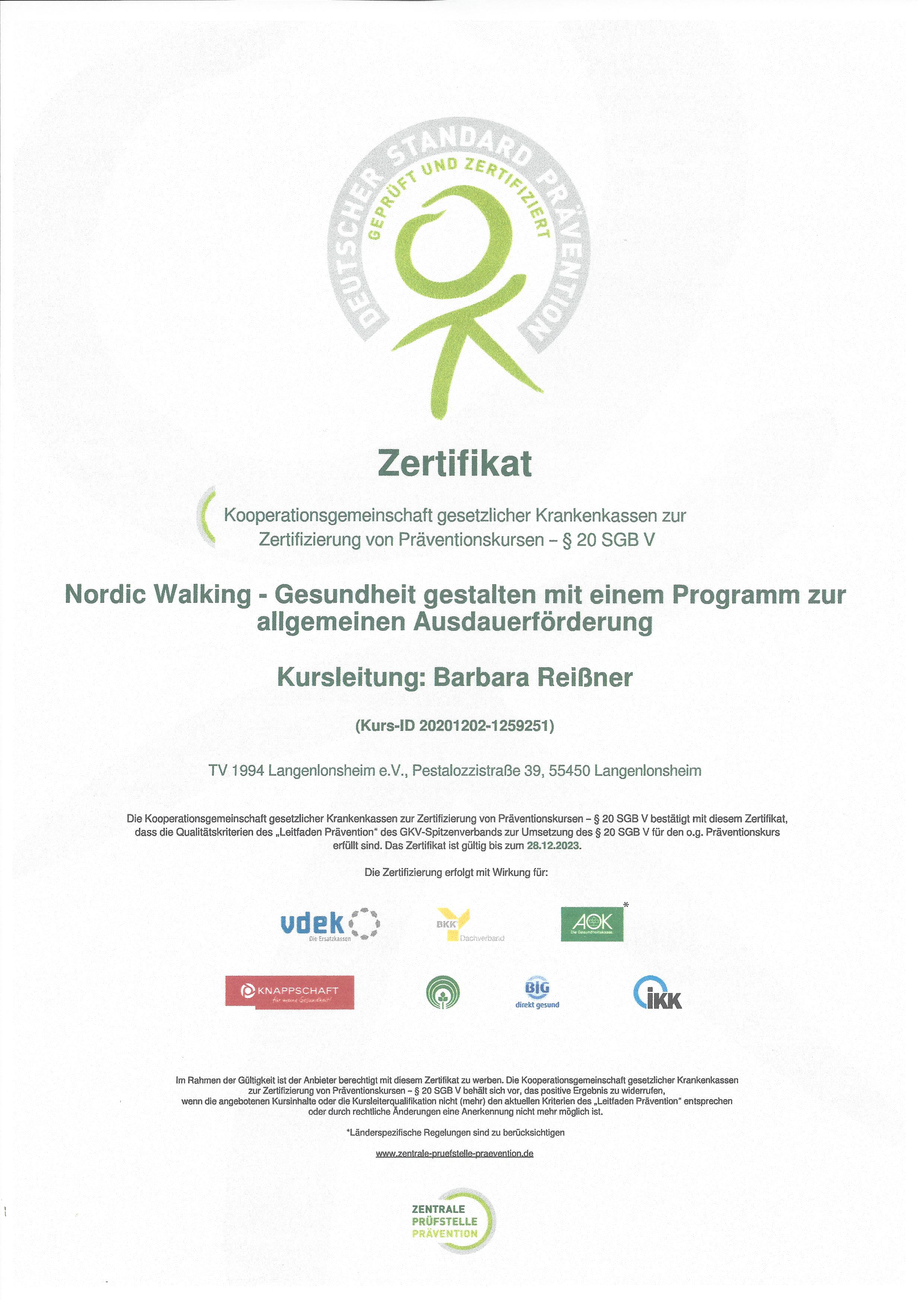 Zertitifkat Nordic Walking Trainer Reißner