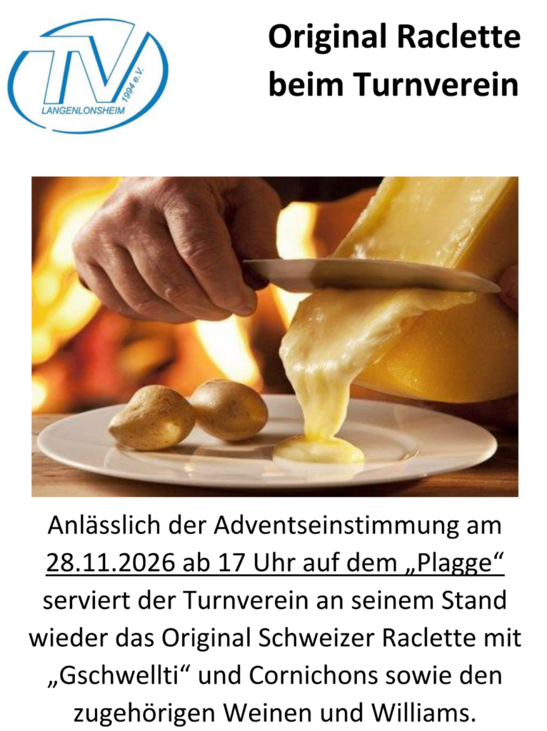 Raclette bei Adventseinstimmung auf dem Marktplatz in Langenlonsheim am 28.11. Raclette bei Adventseinstimmung auf dem Marktplatz in Langenlonsheim am 28.11.